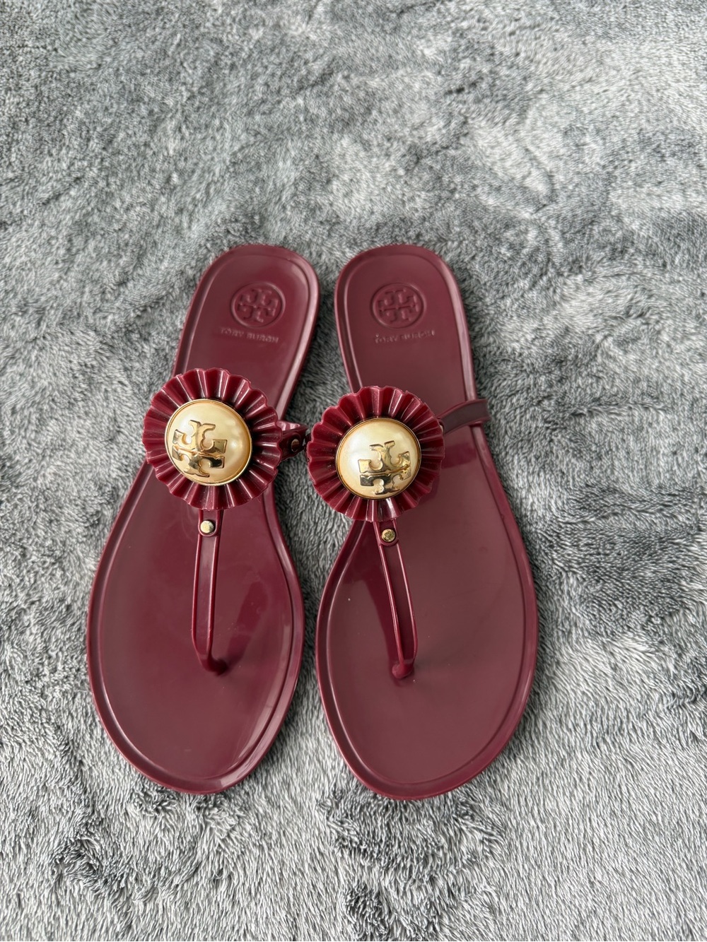 Tory Burch Ruffle Faux Pearl Jelly Thong Sandal